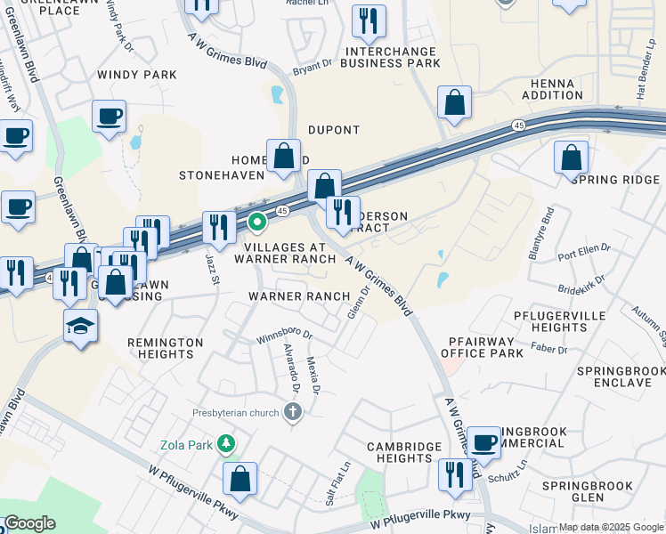 map of restaurants, bars, coffee shops, grocery stores, and more near 2650 A.W. Grimes Boulevard in Round Rock