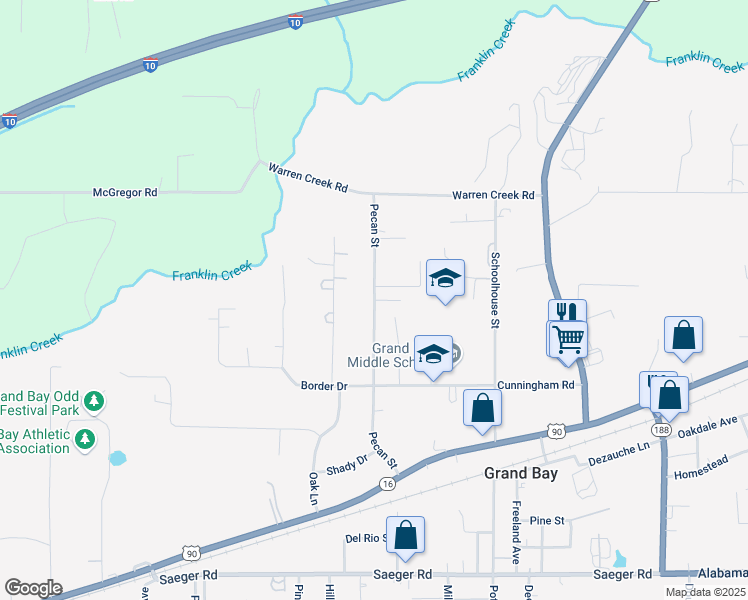 map of restaurants, bars, coffee shops, grocery stores, and more near 10001 Pecan Street in Grand Bay