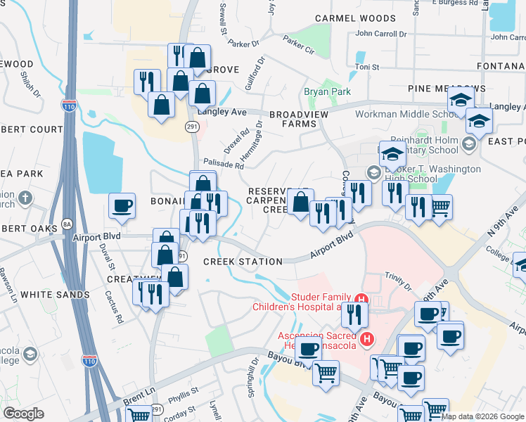 map of restaurants, bars, coffee shops, grocery stores, and more near 5932 Creek Side Circle in Pensacola