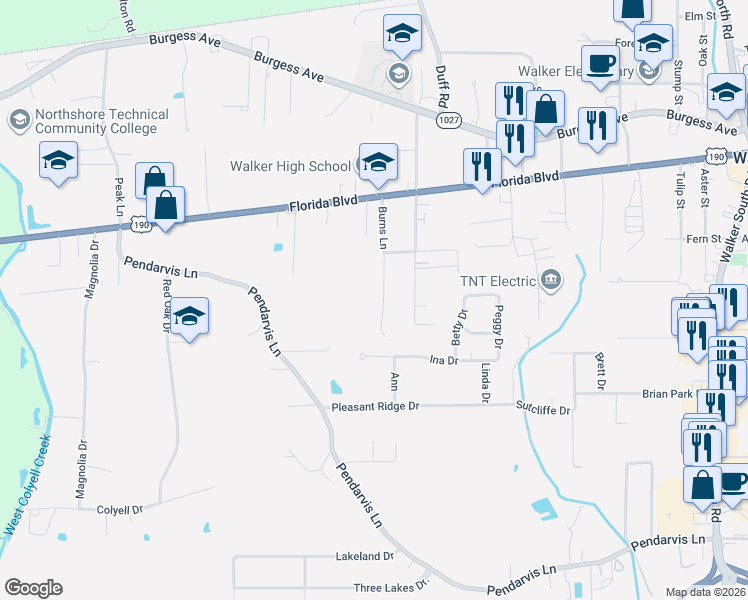 map of restaurants, bars, coffee shops, grocery stores, and more near 29273 Burns Lane in Walker