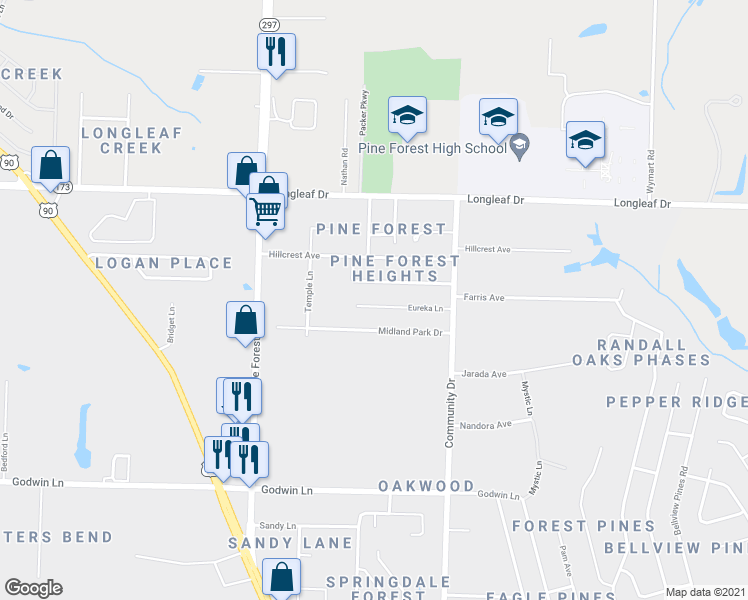 map of restaurants, bars, coffee shops, grocery stores, and more near 2716 Eureka Lane in Pensacola