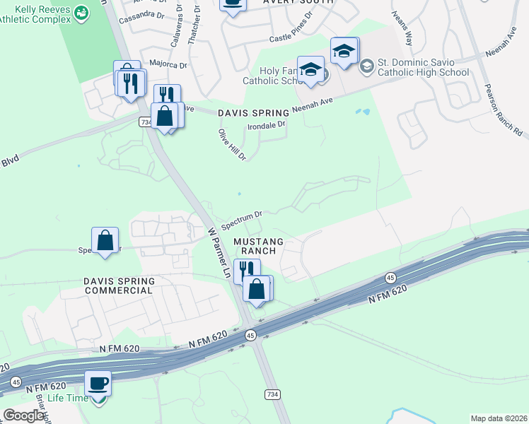 map of restaurants, bars, coffee shops, grocery stores, and more near 9401 West Parmer Lane in Austin