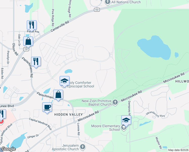 map of restaurants, bars, coffee shops, grocery stores, and more near 3693 Meadow Vista Ln. in Tallahassee