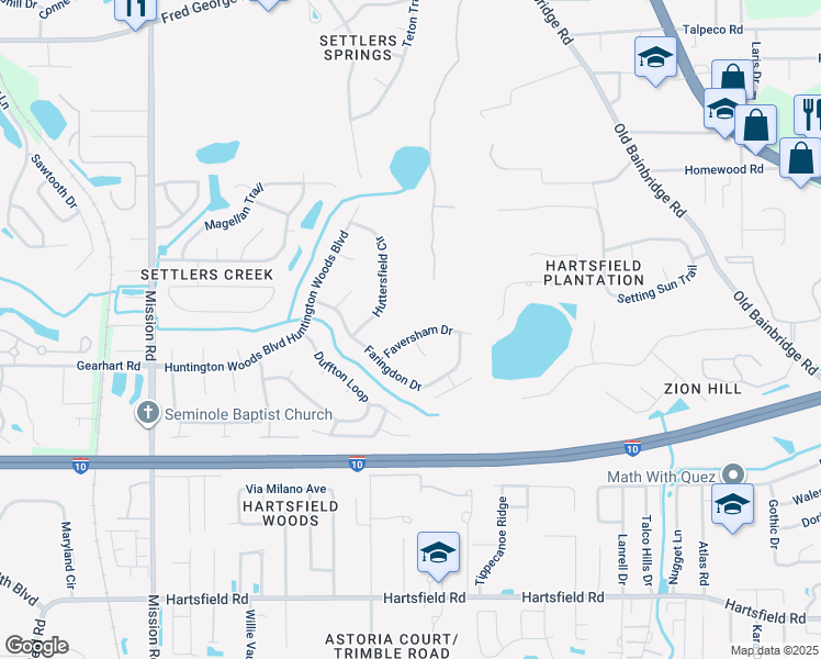 map of restaurants, bars, coffee shops, grocery stores, and more near 2638 Faversham Drive in Tallahassee