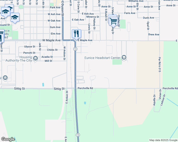 map of restaurants, bars, coffee shops, grocery stores, and more near 401 Liberty Street in Eunice