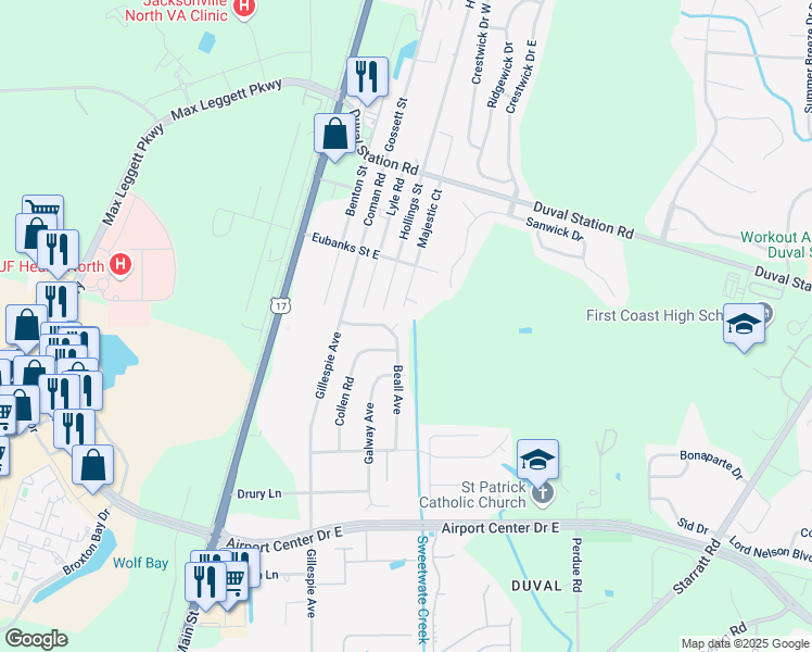 map of restaurants, bars, coffee shops, grocery stores, and more near 275 Beall Court in Jacksonville