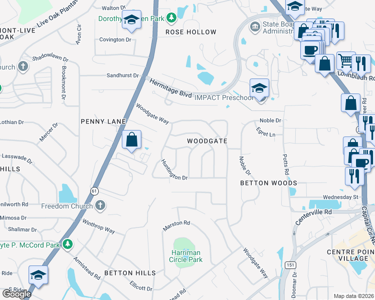 map of restaurants, bars, coffee shops, grocery stores, and more near 1521 Willow Wick Drive in Tallahassee