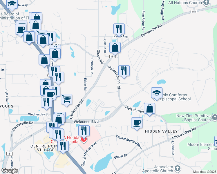 map of restaurants, bars, coffee shops, grocery stores, and more near 2596 Centerville Court in Tallahassee