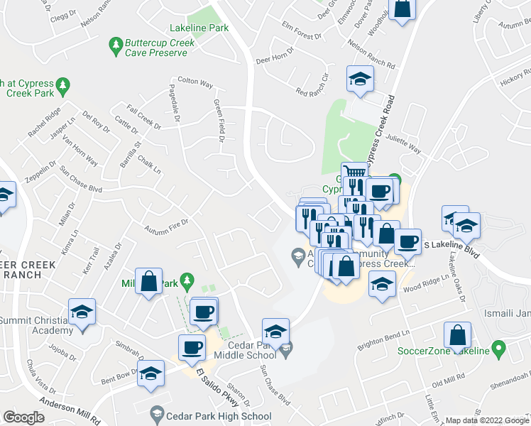map of restaurants, bars, coffee shops, grocery stores, and more near 1508 Avery Elissa Lane in Cedar Park
