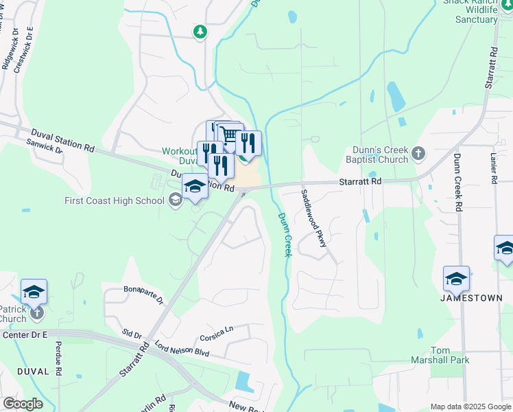 map of restaurants, bars, coffee shops, grocery stores, and more near 13587 Ashford Wood Court East in Jacksonville