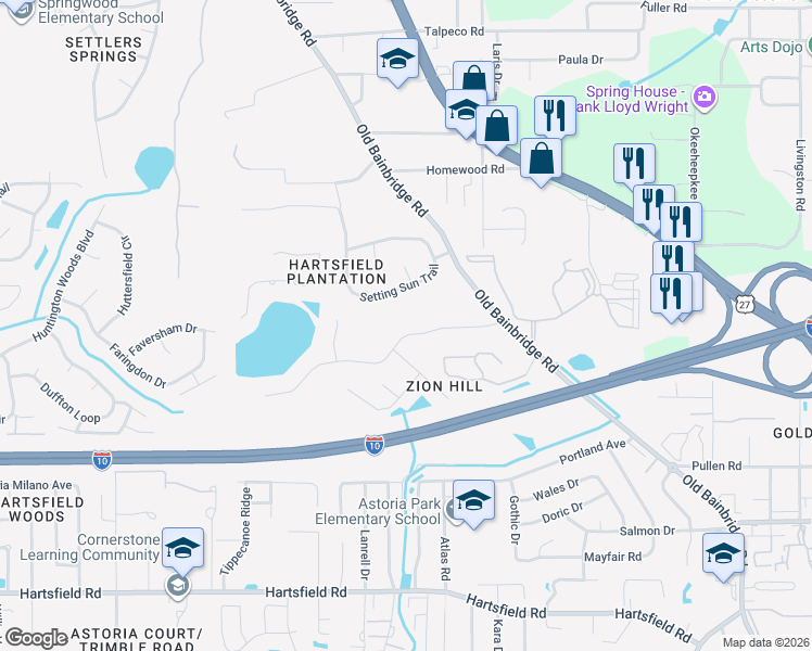 map of restaurants, bars, coffee shops, grocery stores, and more near 1660 San Damian Road in Tallahassee