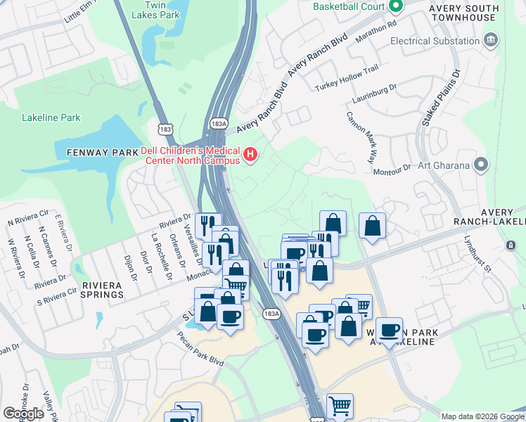 map of restaurants, bars, coffee shops, grocery stores, and more near U.S. 183 in Austin