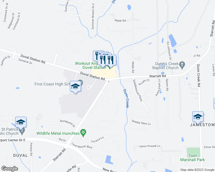 map of restaurants, bars, coffee shops, grocery stores, and more near 13592 Ashford Wood Court West in Jacksonville