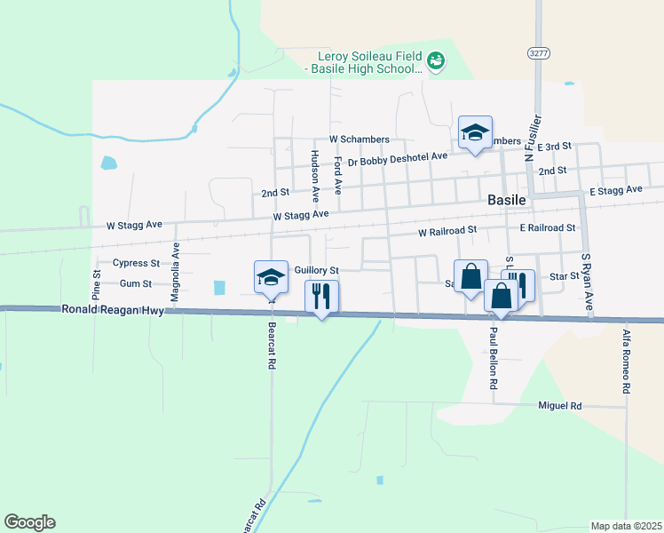map of restaurants, bars, coffee shops, grocery stores, and more near 2405-2407 Guillory Street in Basile