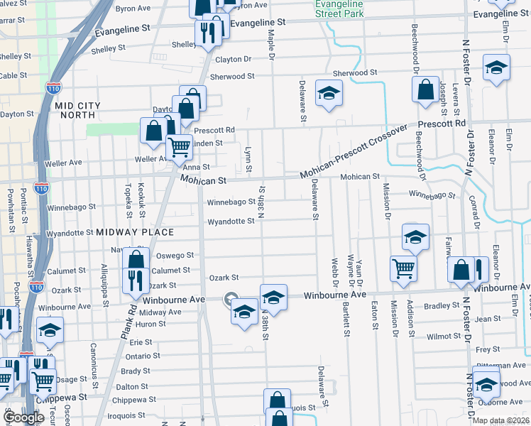 map of restaurants, bars, coffee shops, grocery stores, and more near 3745 North 38th Street in Baton Rouge