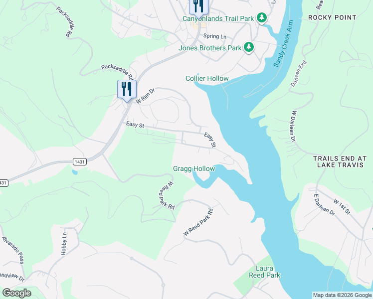 map of restaurants, bars, coffee shops, grocery stores, and more near 18201 Gregg Bluff Road in Jonestown