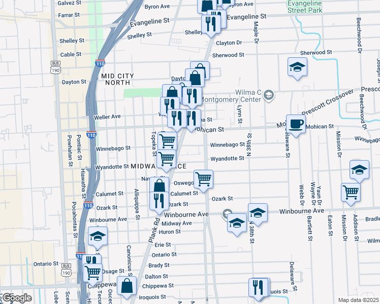 map of restaurants, bars, coffee shops, grocery stores, and more near 3153 Pampas Street in Baton Rouge