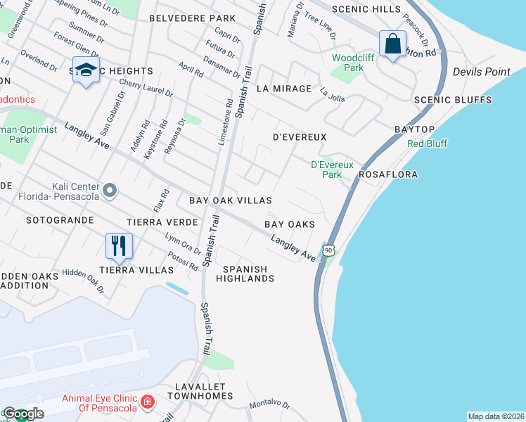 map of restaurants, bars, coffee shops, grocery stores, and more near 5765 Avenida Robledal in Pensacola
