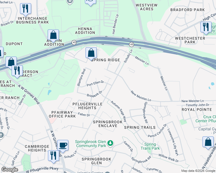 map of restaurants, bars, coffee shops, grocery stores, and more near 2705 Bridekirk Drive in Round Rock