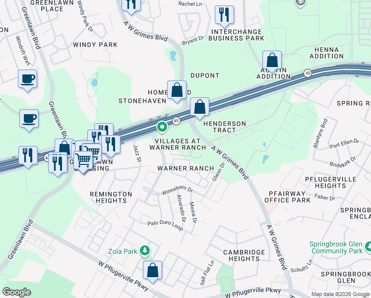 map of restaurants, bars, coffee shops, grocery stores, and more near 2670 South A.W. Grimes Boulevard in Round Rock