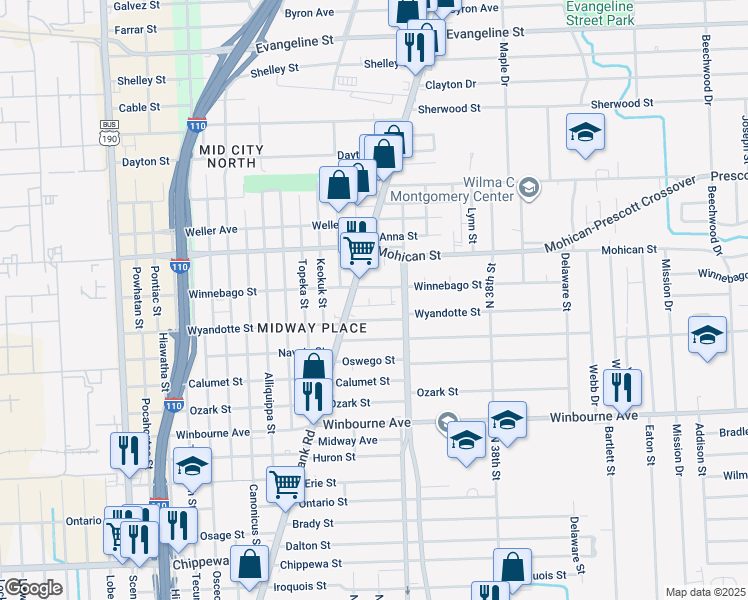 map of restaurants, bars, coffee shops, grocery stores, and more near 3153 Pampas Street in Baton Rouge