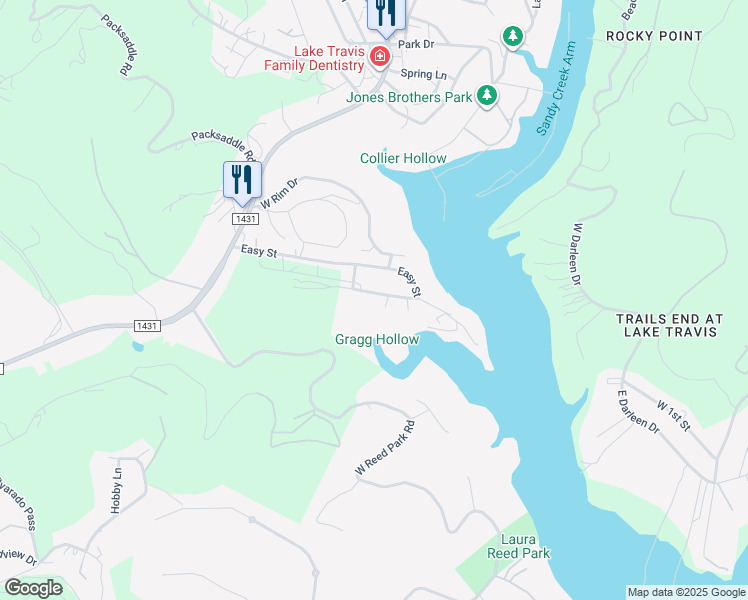 map of restaurants, bars, coffee shops, grocery stores, and more near 18111 Gregg Bluff Road in Jonestown