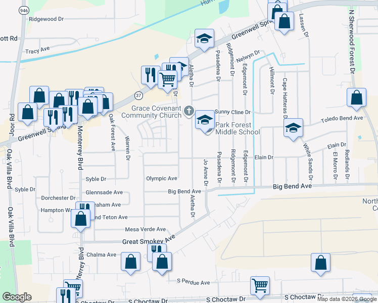 map of restaurants, bars, coffee shops, grocery stores, and more near 3647 Aletha Drive in Baton Rouge