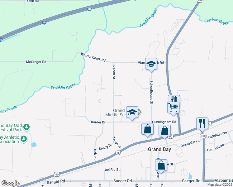 map of restaurants, bars, coffee shops, grocery stores, and more near 10001-10099 Pecan in Grand Bay