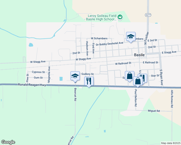 map of restaurants, bars, coffee shops, grocery stores, and more near 2405 Guillory Street in Basile