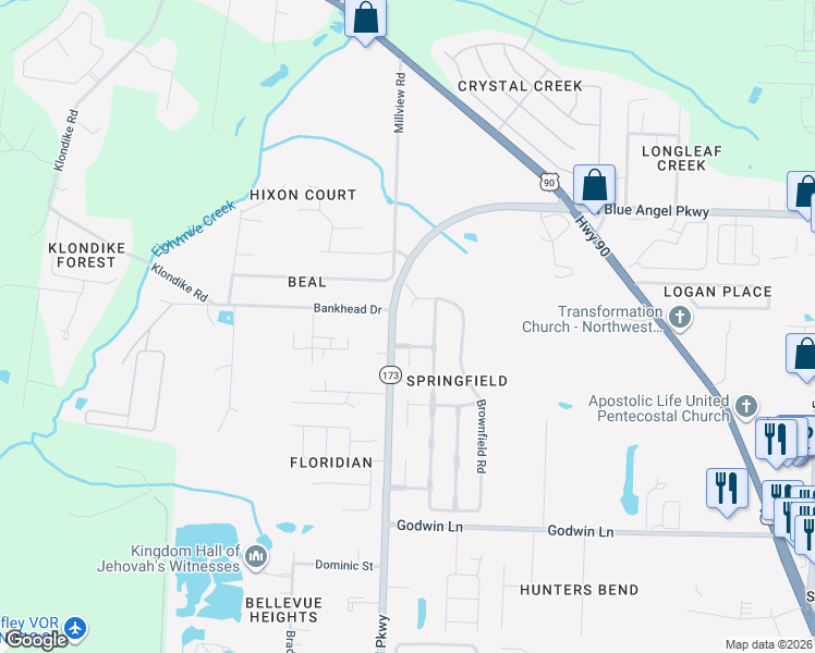 map of restaurants, bars, coffee shops, grocery stores, and more near 6570 North Blue Angel Parkway in Pensacola