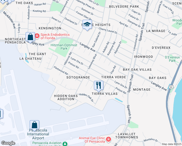map of restaurants, bars, coffee shops, grocery stores, and more near 3910 Potosi Road in Pensacola