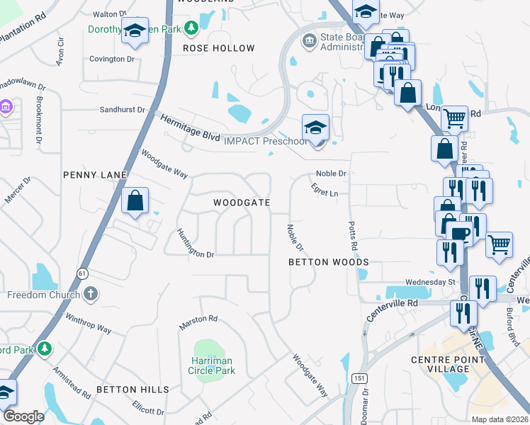 map of restaurants, bars, coffee shops, grocery stores, and more near 1513 Woodgate Way in Tallahassee