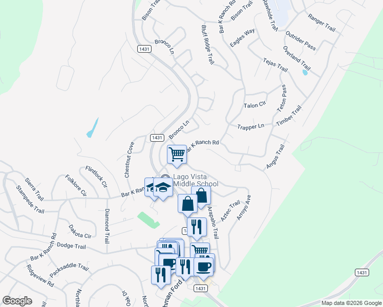 map of restaurants, bars, coffee shops, grocery stores, and more near 20812 Adobe Trail in Lago Vista