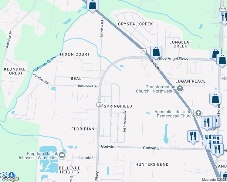 map of restaurants, bars, coffee shops, grocery stores, and more near 1170 Brownfield Road in Pensacola