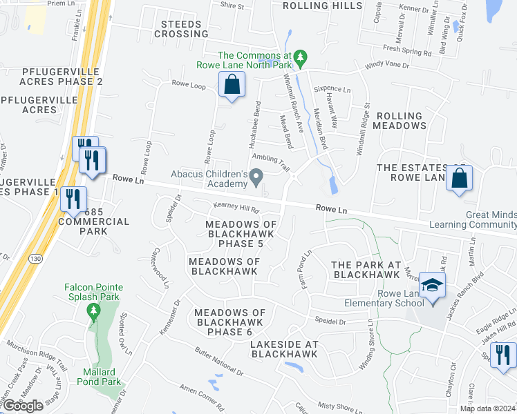 map of restaurants, bars, coffee shops, grocery stores, and more near 20624 Kearney Hill Road in Pflugerville