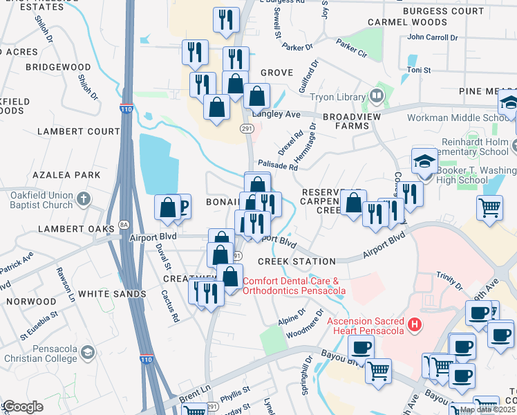 map of restaurants, bars, coffee shops, grocery stores, and more near 5912 North Davis Highway in Pensacola