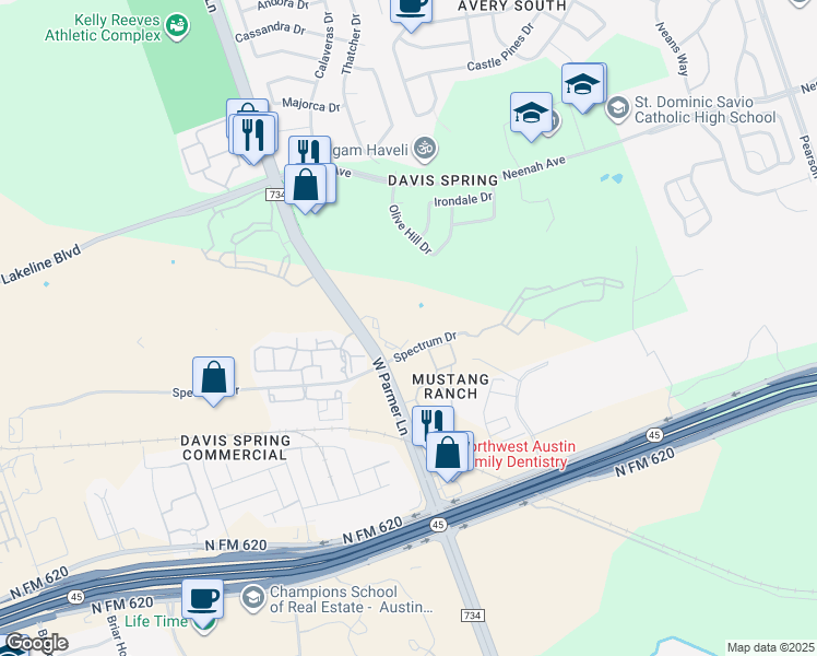 map of restaurants, bars, coffee shops, grocery stores, and more near 9420 Spectrum Drive in Austin