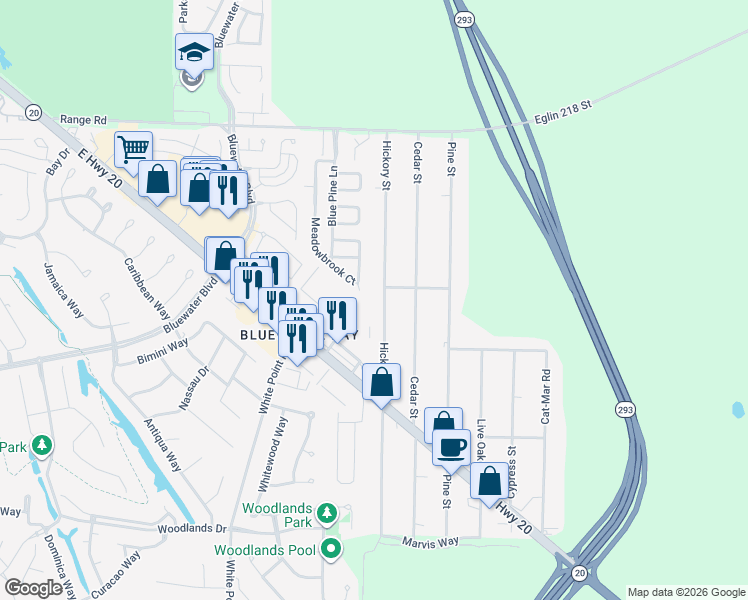 map of restaurants, bars, coffee shops, grocery stores, and more near 1520 Hickory St in Niceville