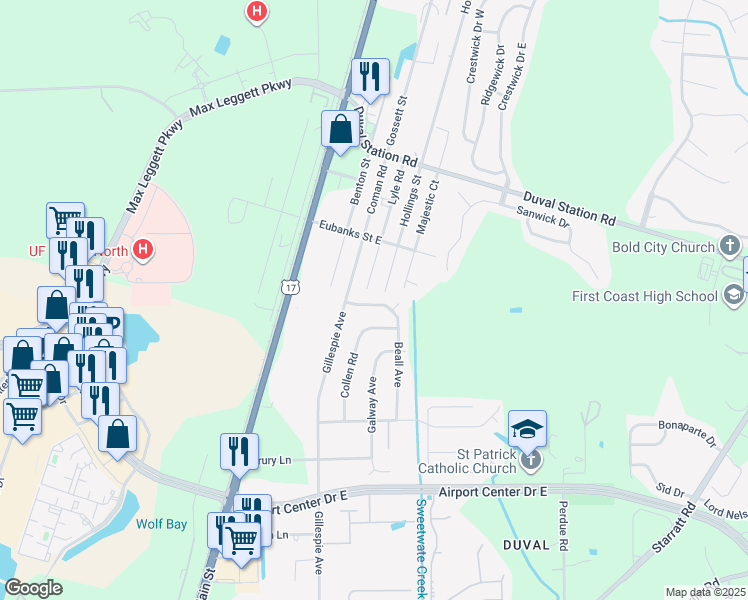 map of restaurants, bars, coffee shops, grocery stores, and more near 227 Beall Avenue North in Jacksonville