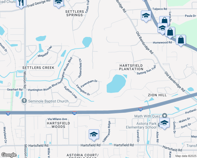 map of restaurants, bars, coffee shops, grocery stores, and more near 2614 Faversham Drive in Tallahassee