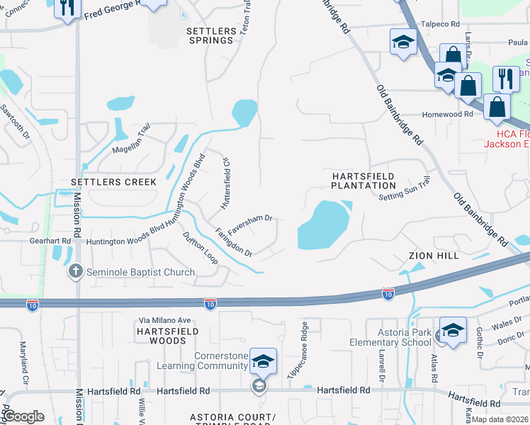map of restaurants, bars, coffee shops, grocery stores, and more near 2614 Faversham Drive in Tallahassee