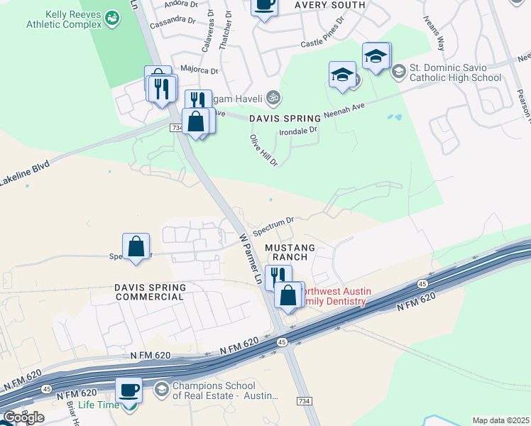 map of restaurants, bars, coffee shops, grocery stores, and more near 9420 Spectrum Drive in Austin
