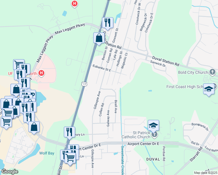 map of restaurants, bars, coffee shops, grocery stores, and more near 227 Beall Avenue North in Jacksonville