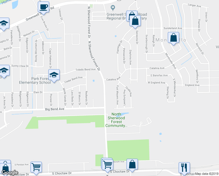 map of restaurants, bars, coffee shops, grocery stores, and more near 3476 North Sherwood Forest Drive in Baton Rouge