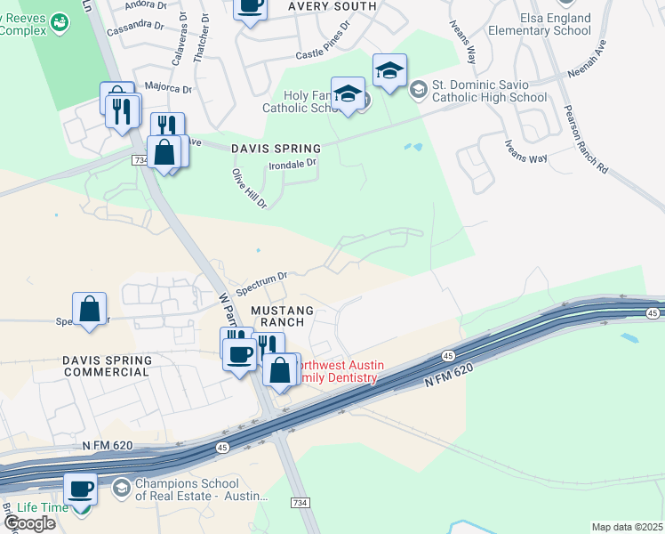 map of restaurants, bars, coffee shops, grocery stores, and more near 9301 Spectrum Drive in Austin