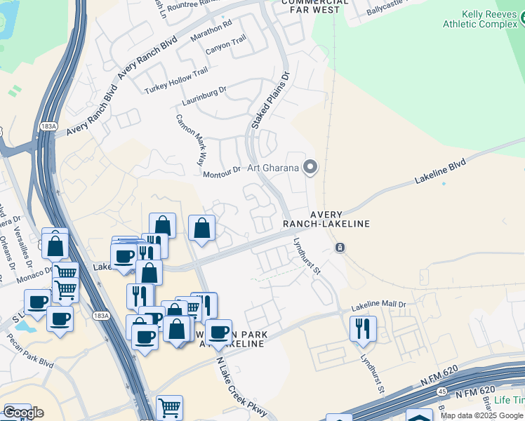 map of restaurants, bars, coffee shops, grocery stores, and more near 11213 Avery Station Loop in Austin