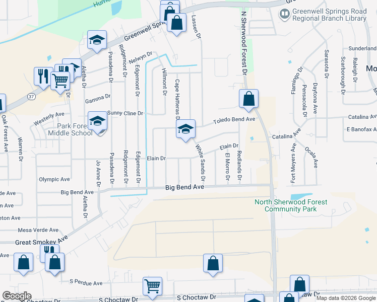 map of restaurants, bars, coffee shops, grocery stores, and more near 10717 Elain Drive in Baton Rouge