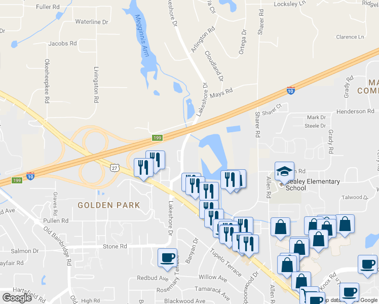 map of restaurants, bars, coffee shops, grocery stores, and more near 2913 East Lakeshore Drive in Tallahassee
