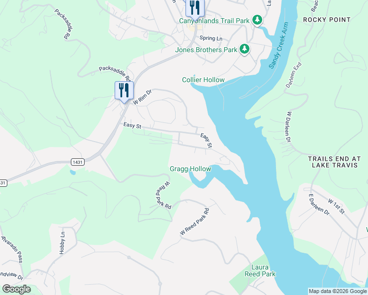 map of restaurants, bars, coffee shops, grocery stores, and more near 18111 Gregg Bluff Road in Jonestown