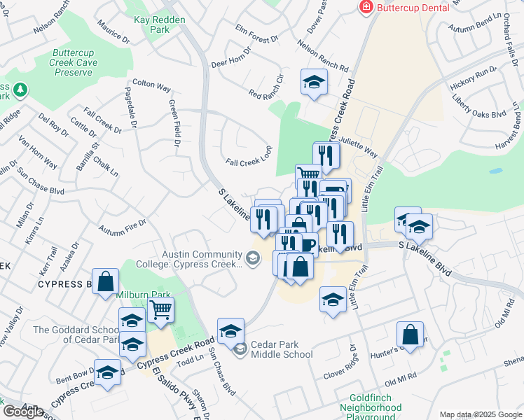 map of restaurants, bars, coffee shops, grocery stores, and more near 1600 South Lakeline Boulevard in Cedar Park